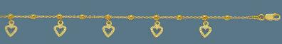 14K white and yellow gold 10-in anklet with yellow dangling hearts